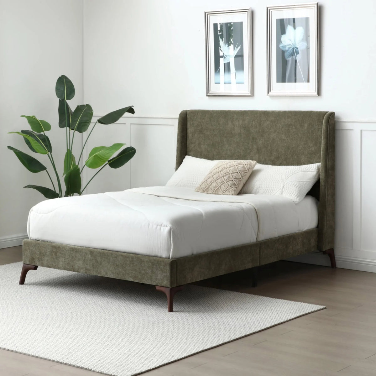 Denver Olive Chenille Bed full room setting showing lifestyle view