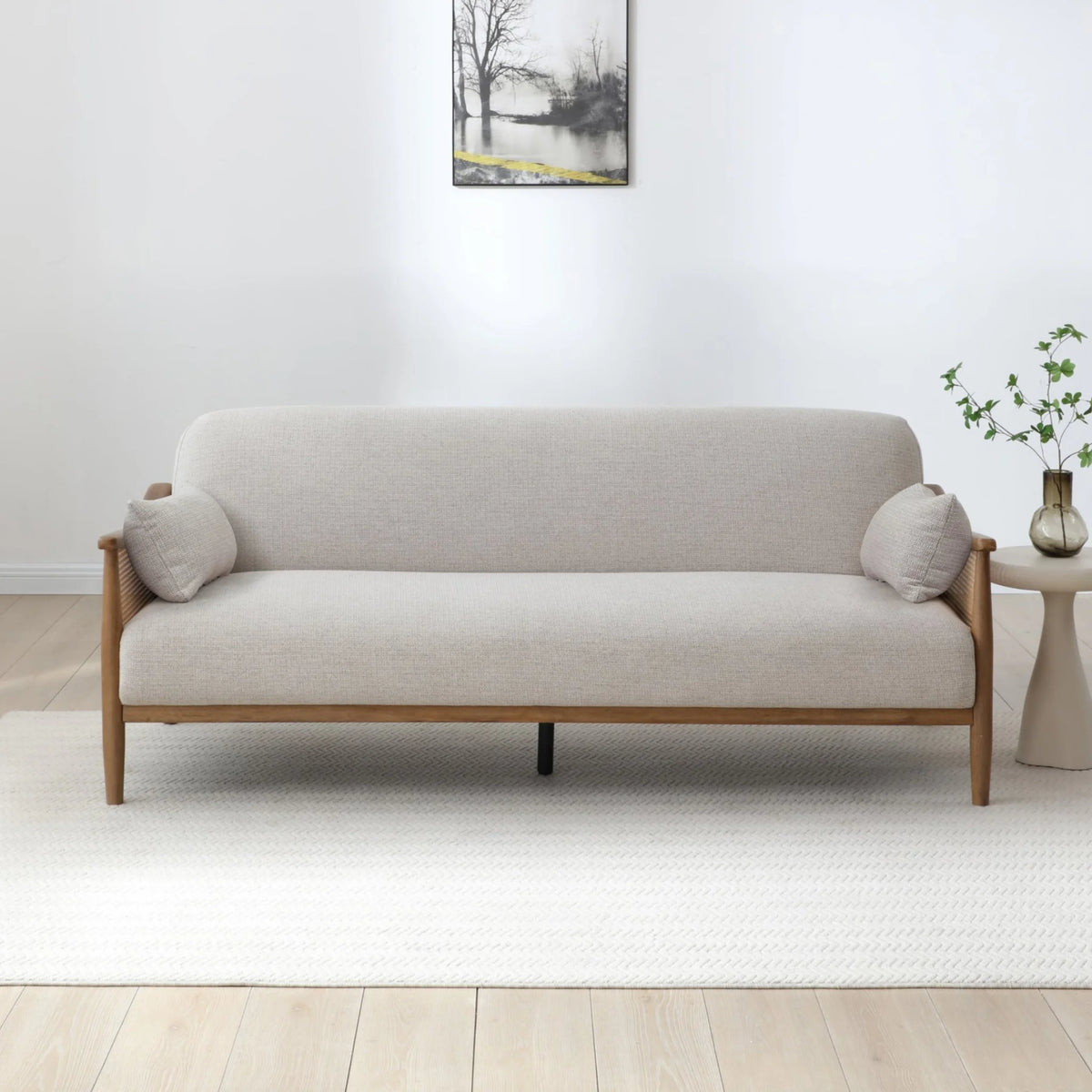 Zara Oatmeal Chenille Rattan Sofa Bed – front view