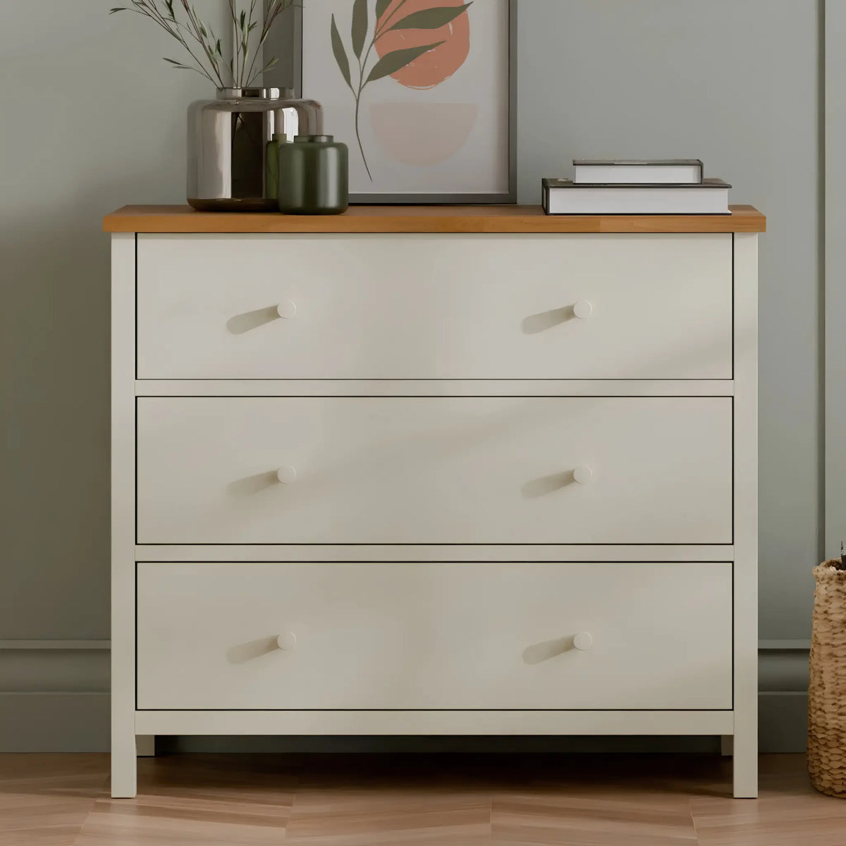 Coxmoor Ivory Wooden 3-Drawer Chest – full front view showing complete chest