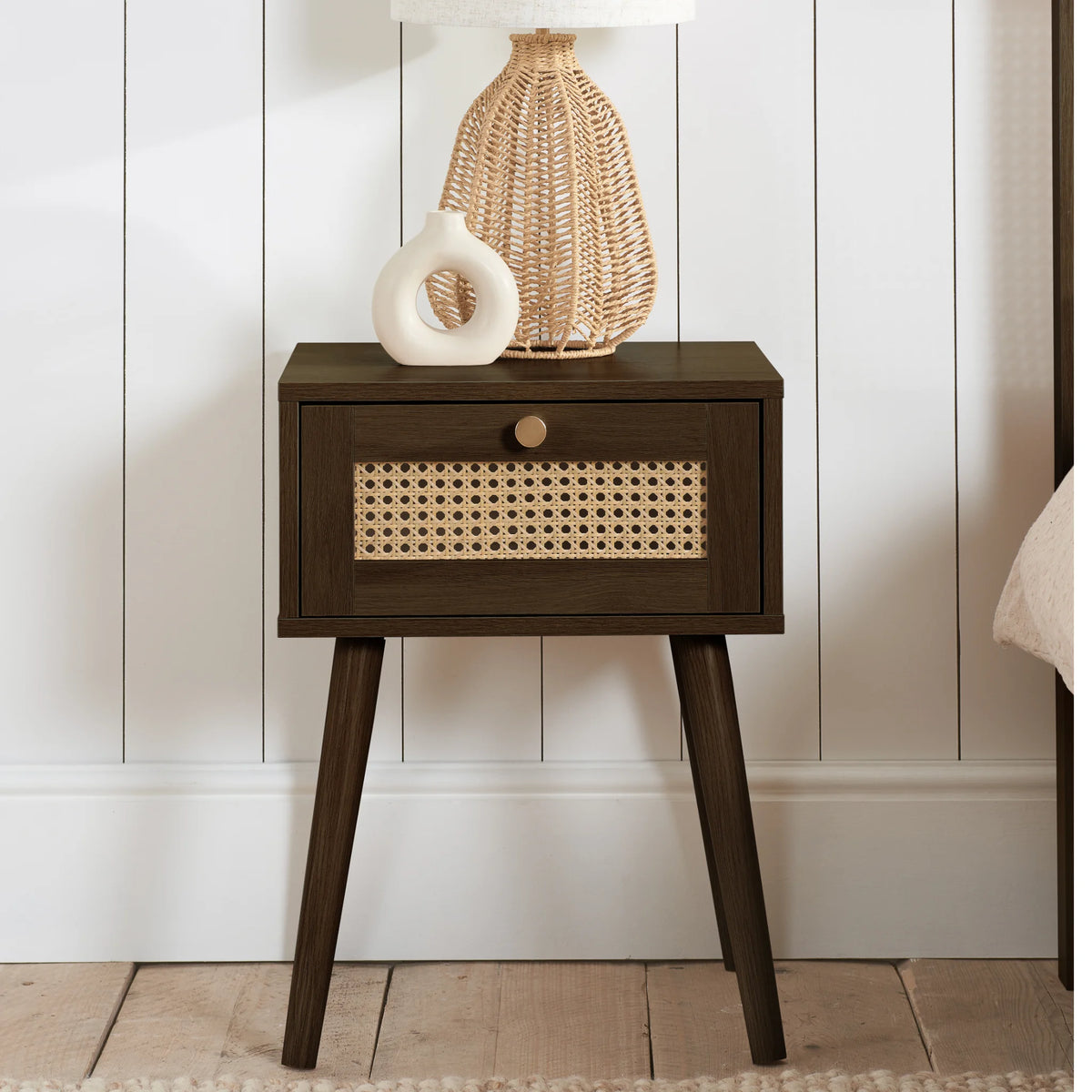 Croxley Walnut Rattan 1-Drawer Bedside Table – front view
