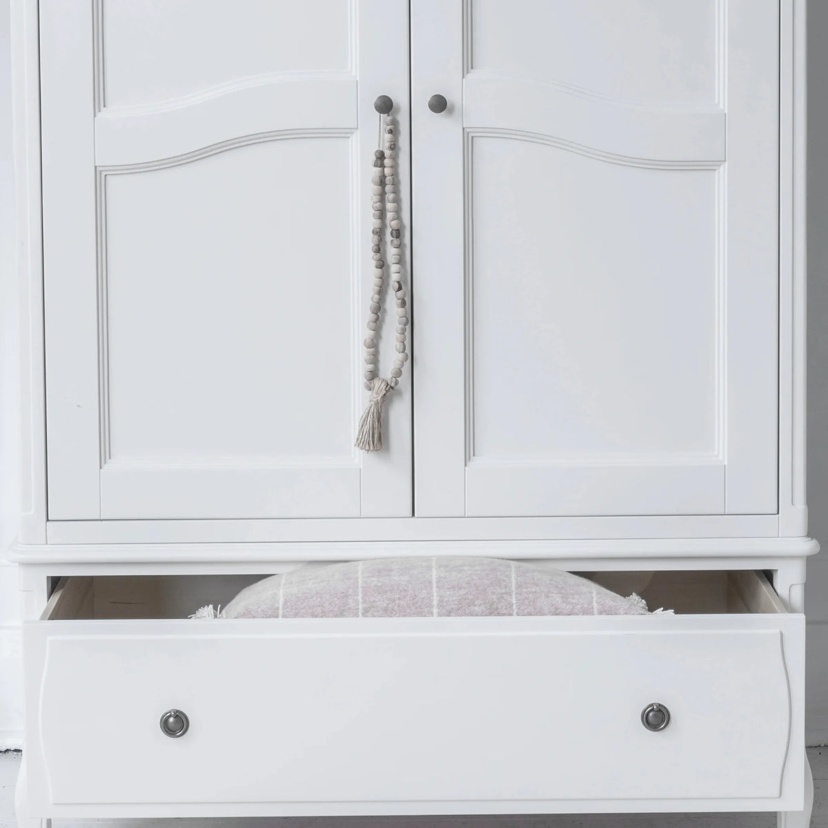 Amelie White Wooden 2-Door Combination Wardrobe – open drawer detail close-up