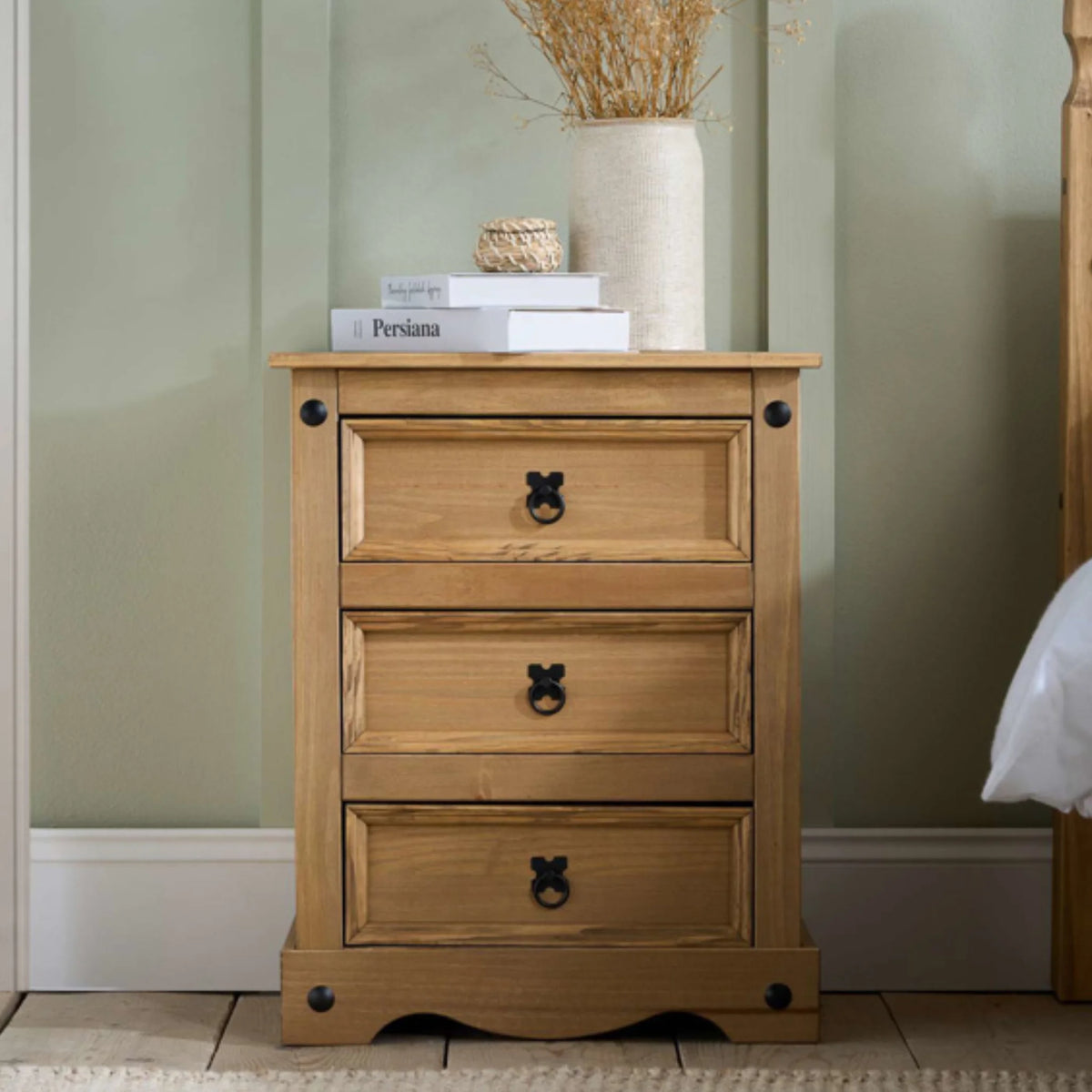 Corona Pine 3-Drawer Bedside Chest – front view