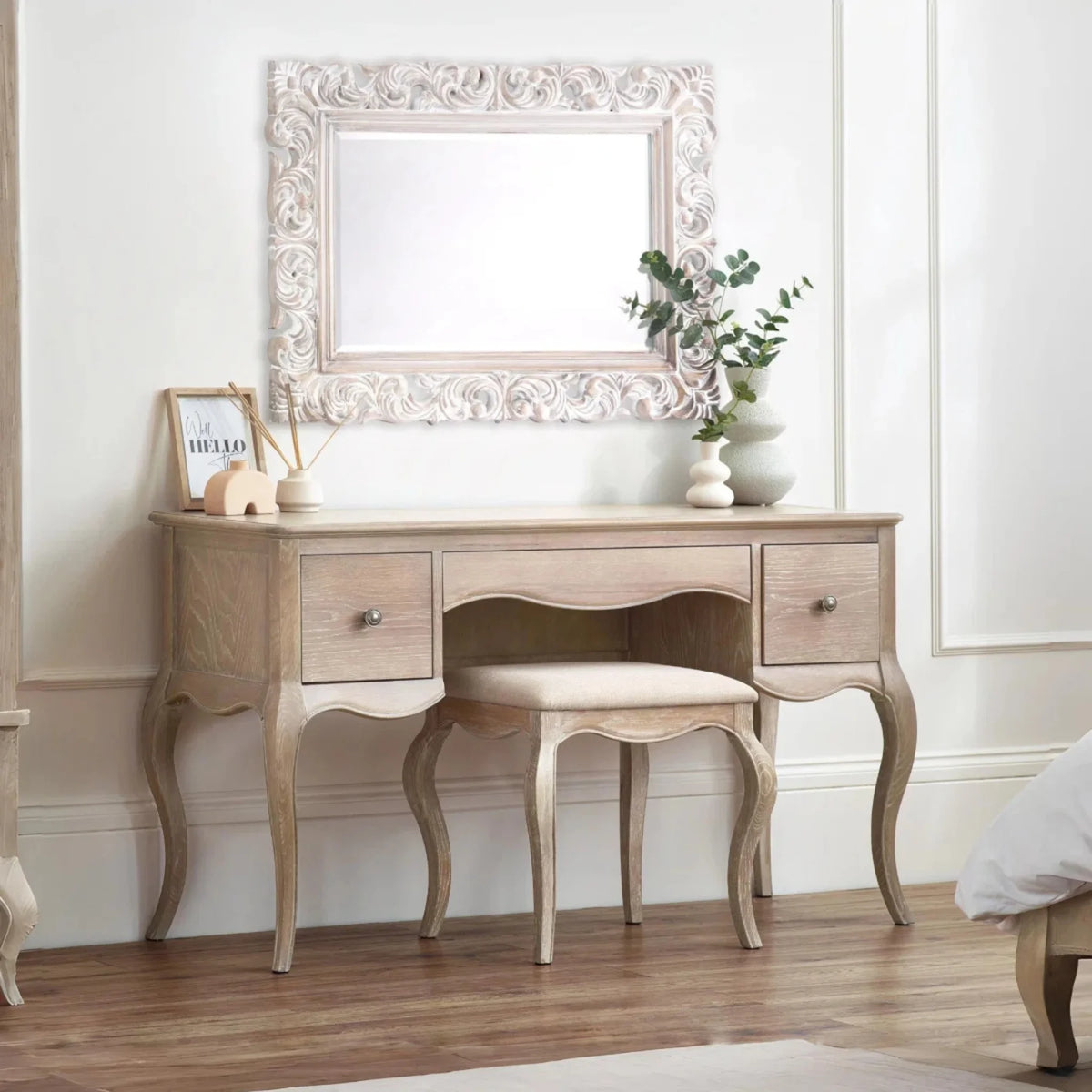 Camille Limed Oak 2-Drawer Dressing Table and Stool – front view