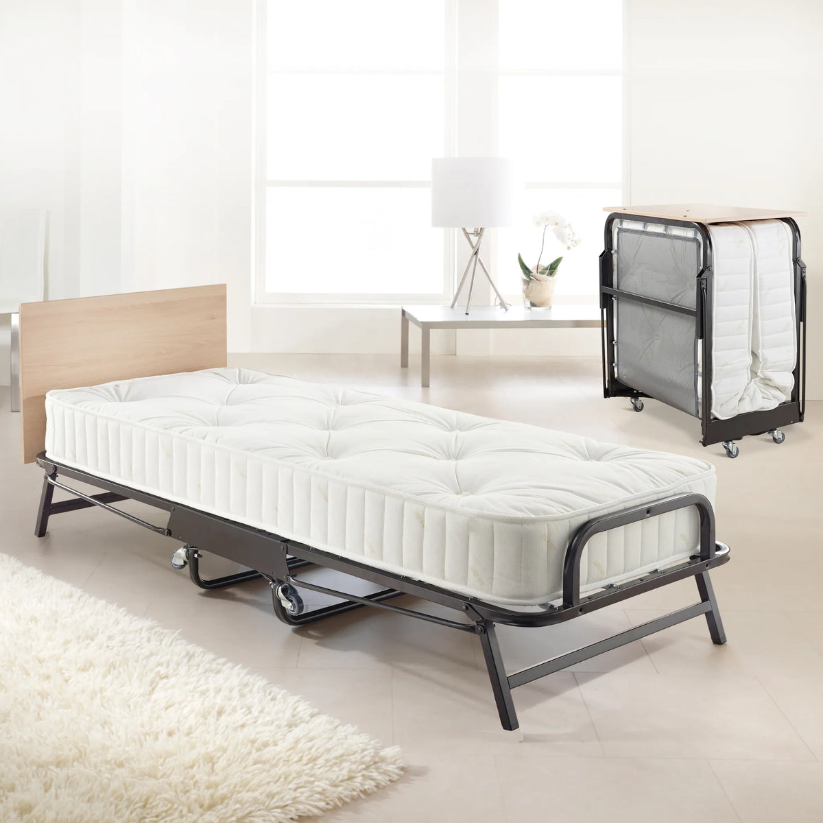 Crown Premier Folding Bed with Deep Sprung Mattress – front view showing open and folded positions