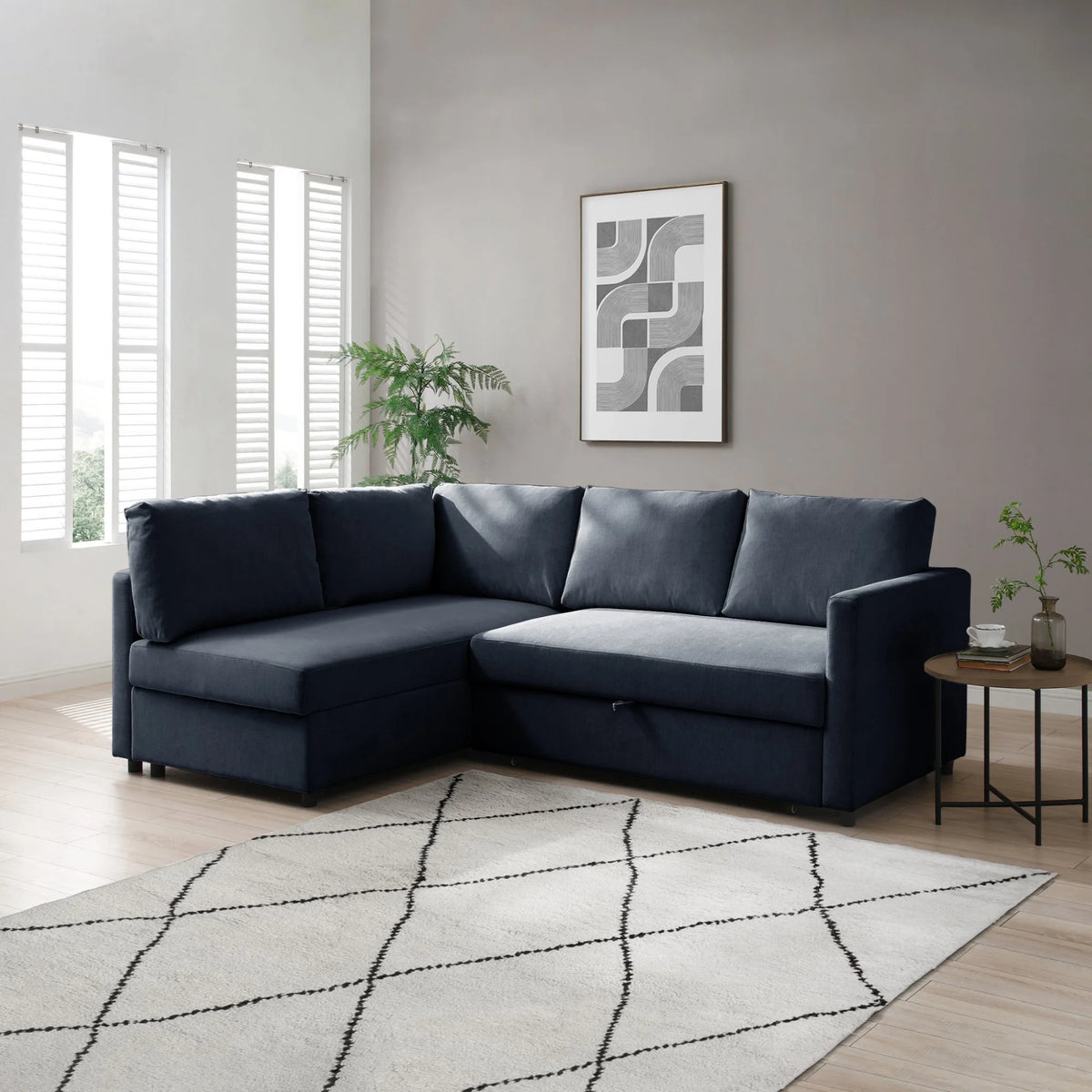 Clara Navy Corner Sofa Bed – modern living room setup