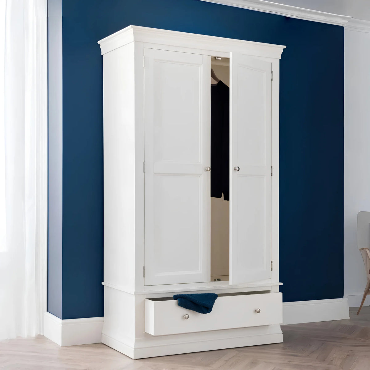 Clermont White Wooden 2-Door Combination Wardrobe – open door and drawer view