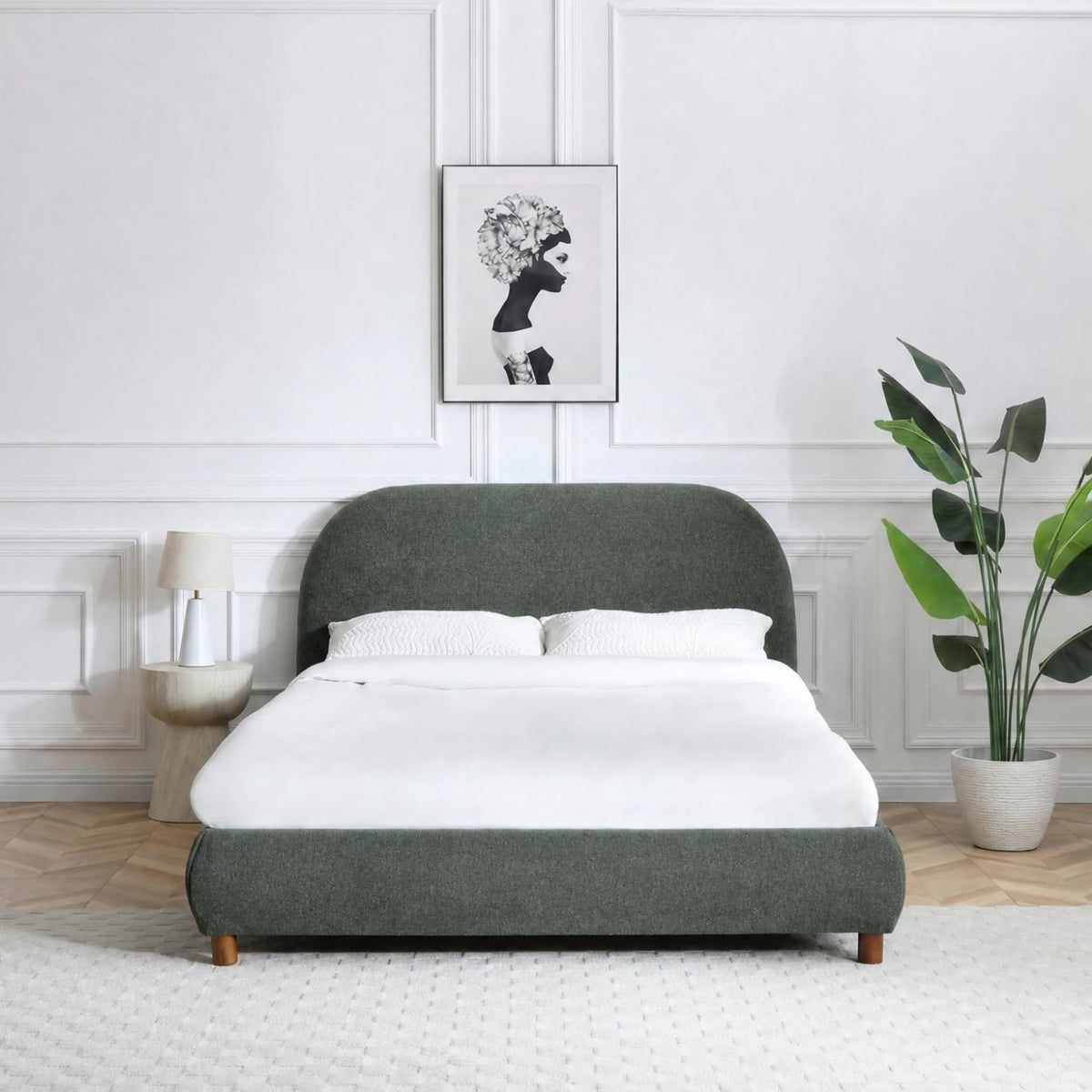 Nora Olive Bouclé Bed – front view