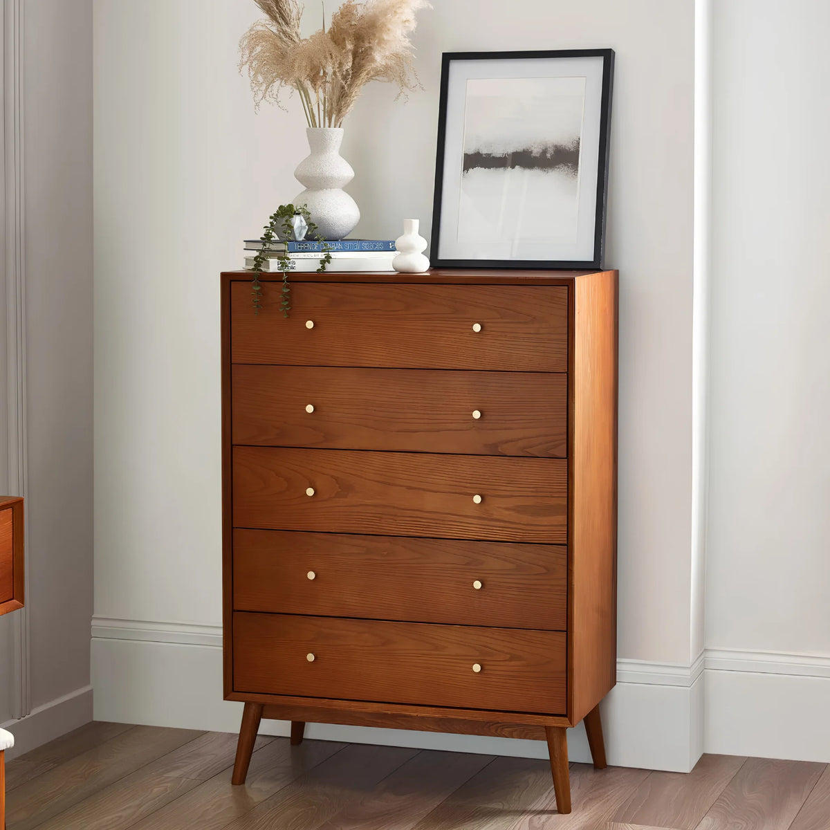 Lowry Cherry Ash 5-Drawer Chest – angled front and side view