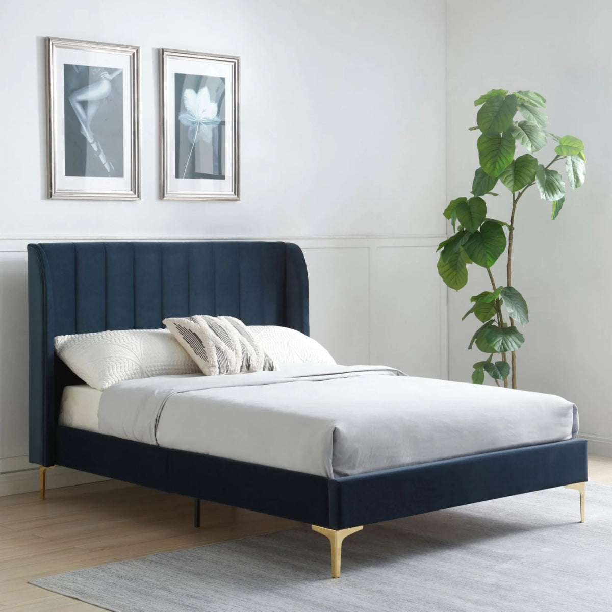 Avery Navy Velvet Bed – full front angled view
