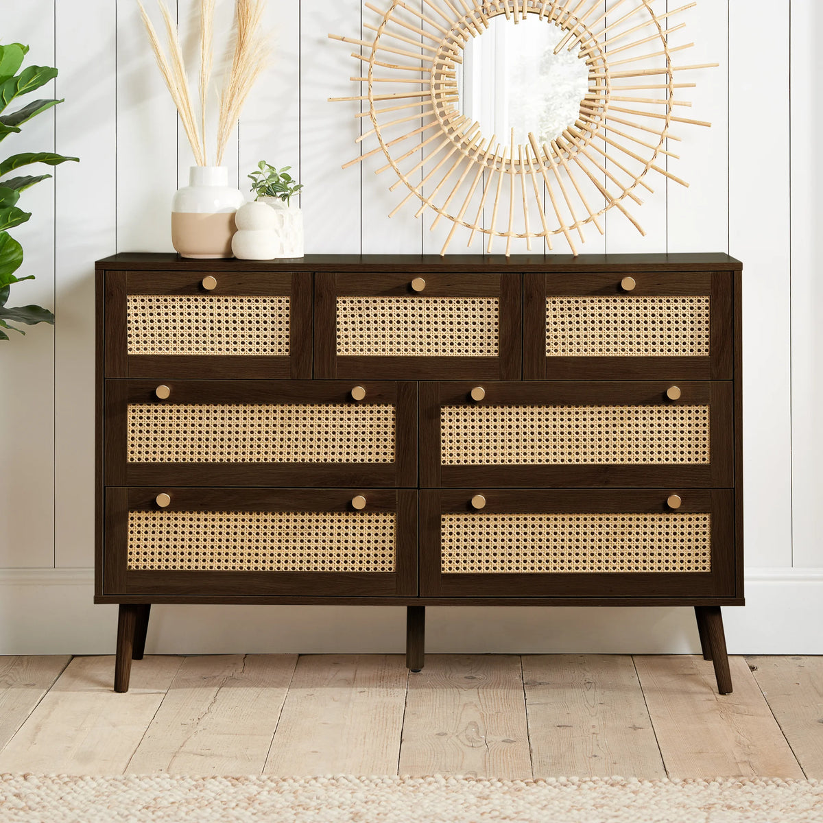 Croxley Walnut Rattan 7-Drawer Chest – front view in room setting