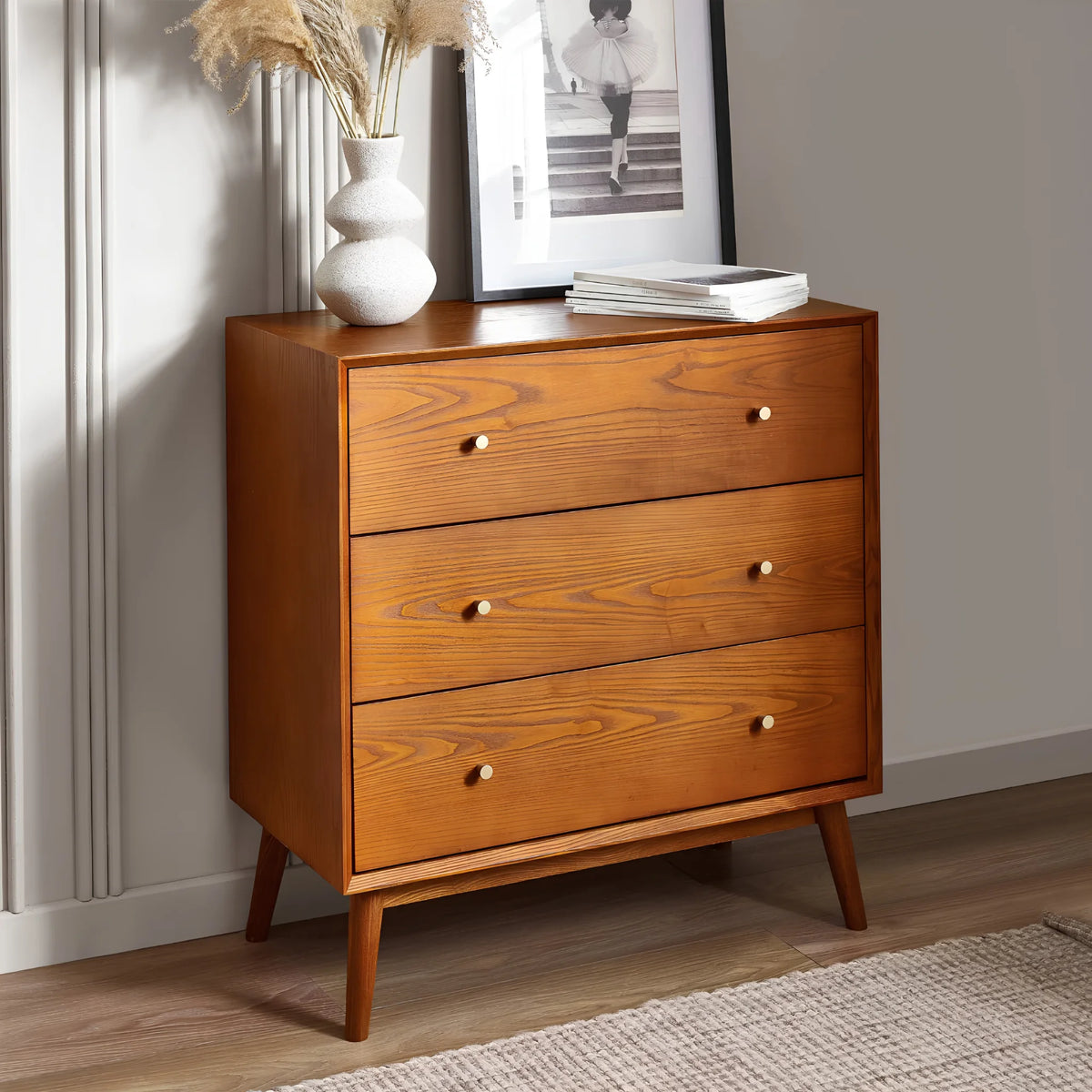 Lowry Cherry Ash 3-Drawer Chest – angled front and side view
