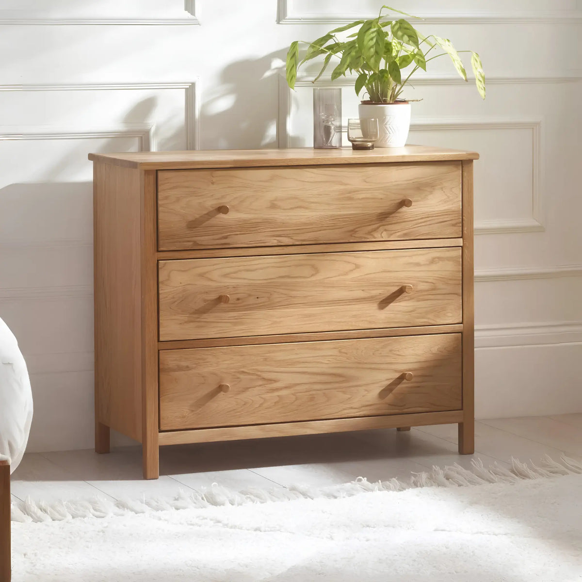 Coxmoor Oak 3-Drawer Chest – full front view in room setting