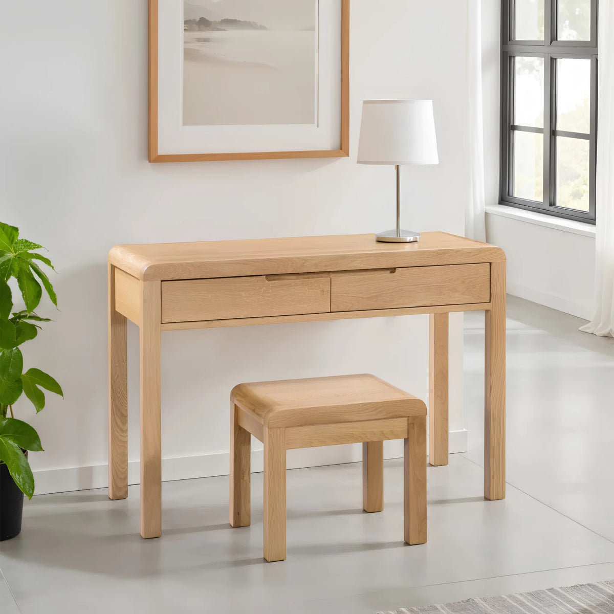 Curve Oak 2-Drawer Dressing Table and Stool – front and side view