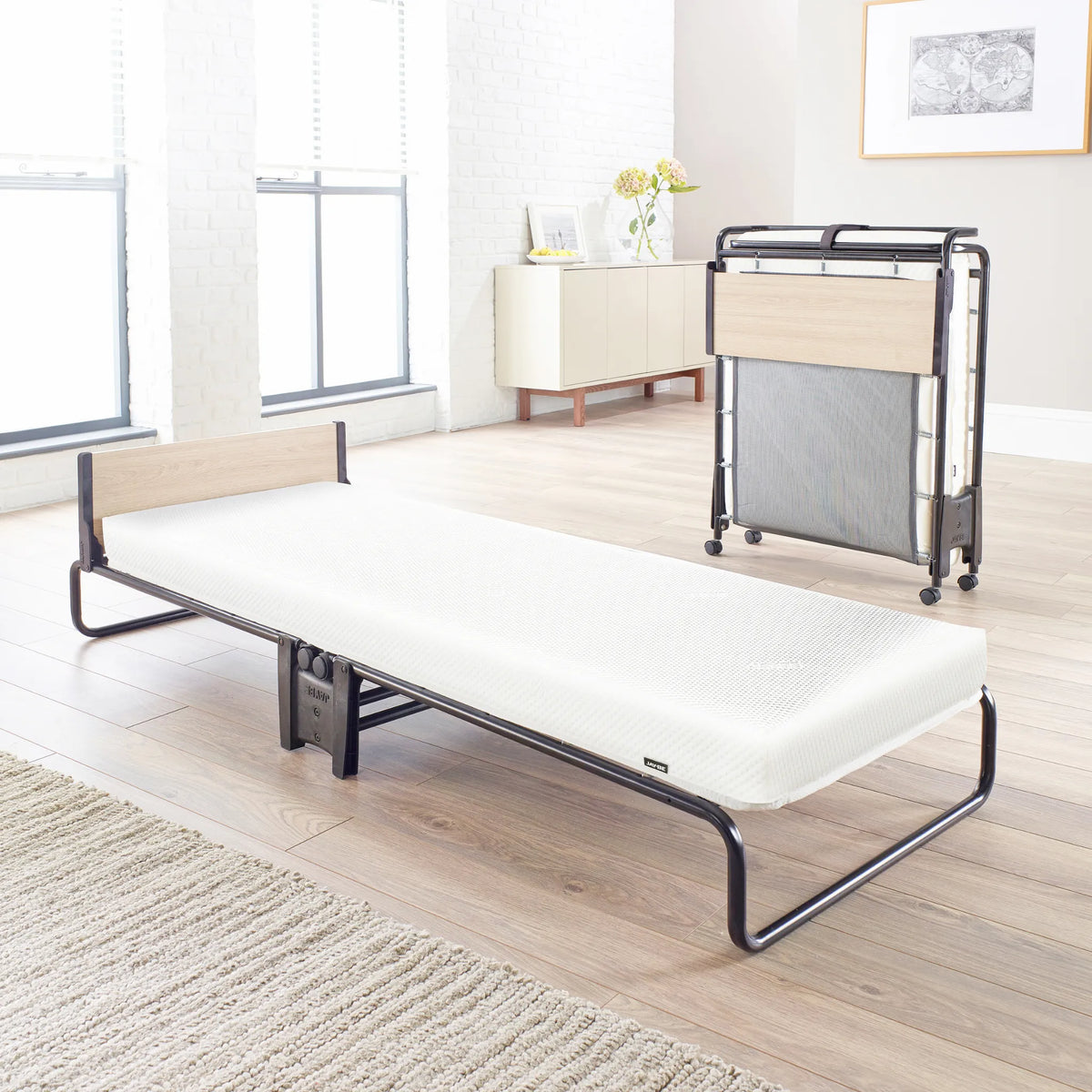 Revolution Folding Bed with Memory Mattress – front view showing open and folded positions