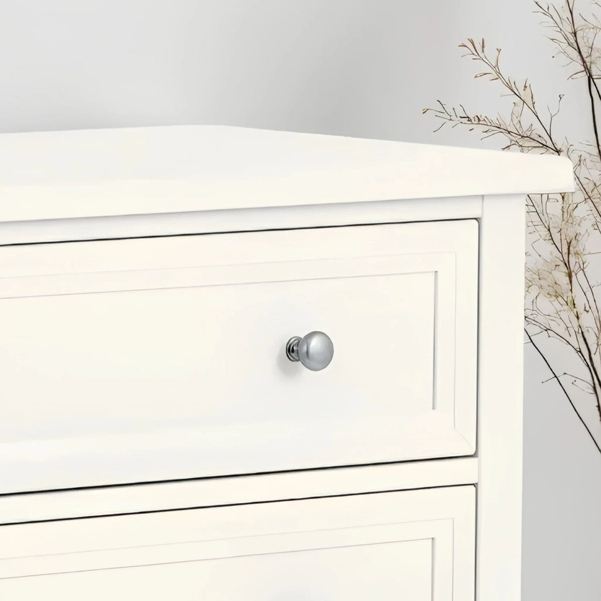 Maine White Wooden 3-Drawer Chest – top drawer detail close-up