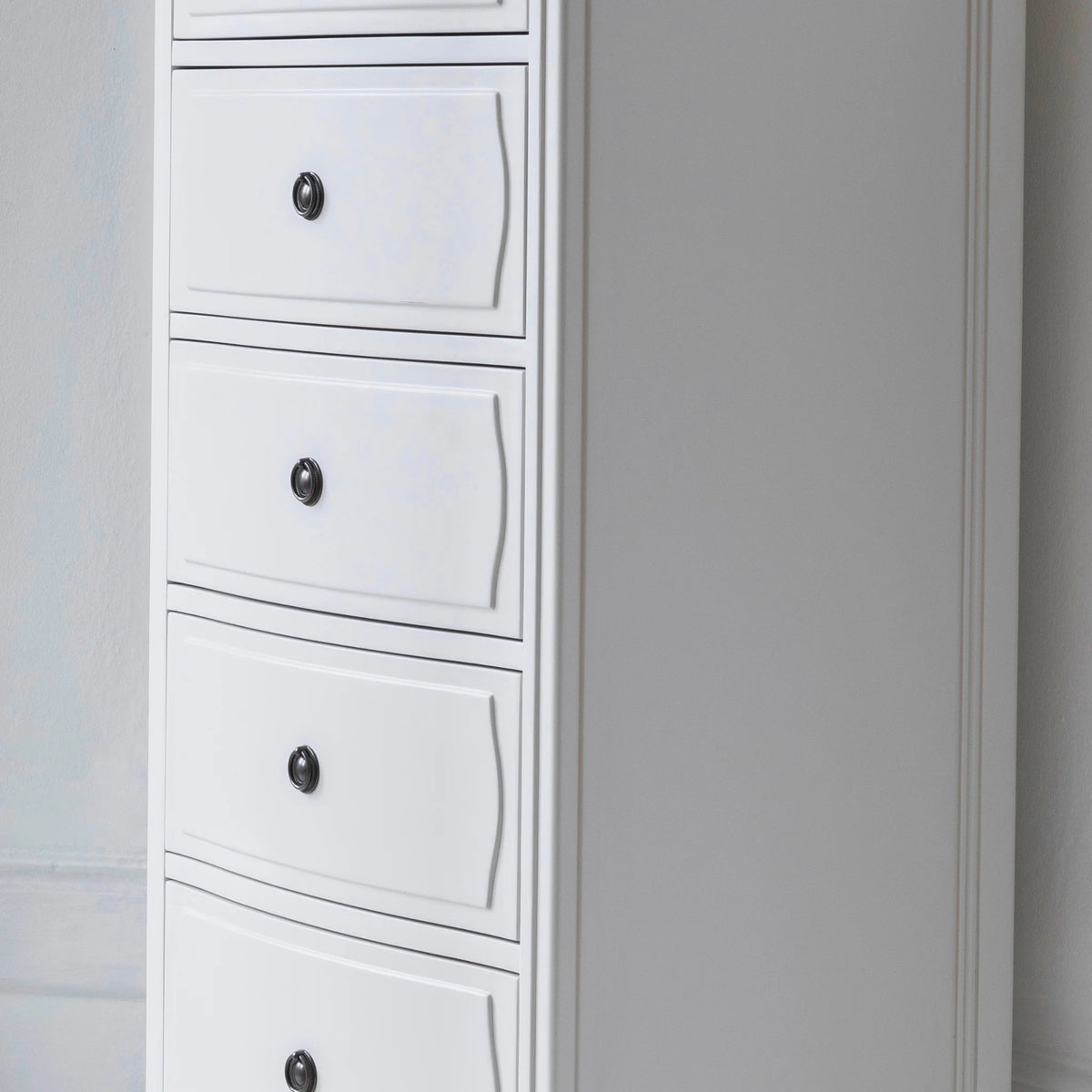 Amelie White Wooden 5-Drawer Tallboy – side profile view showing drawers
