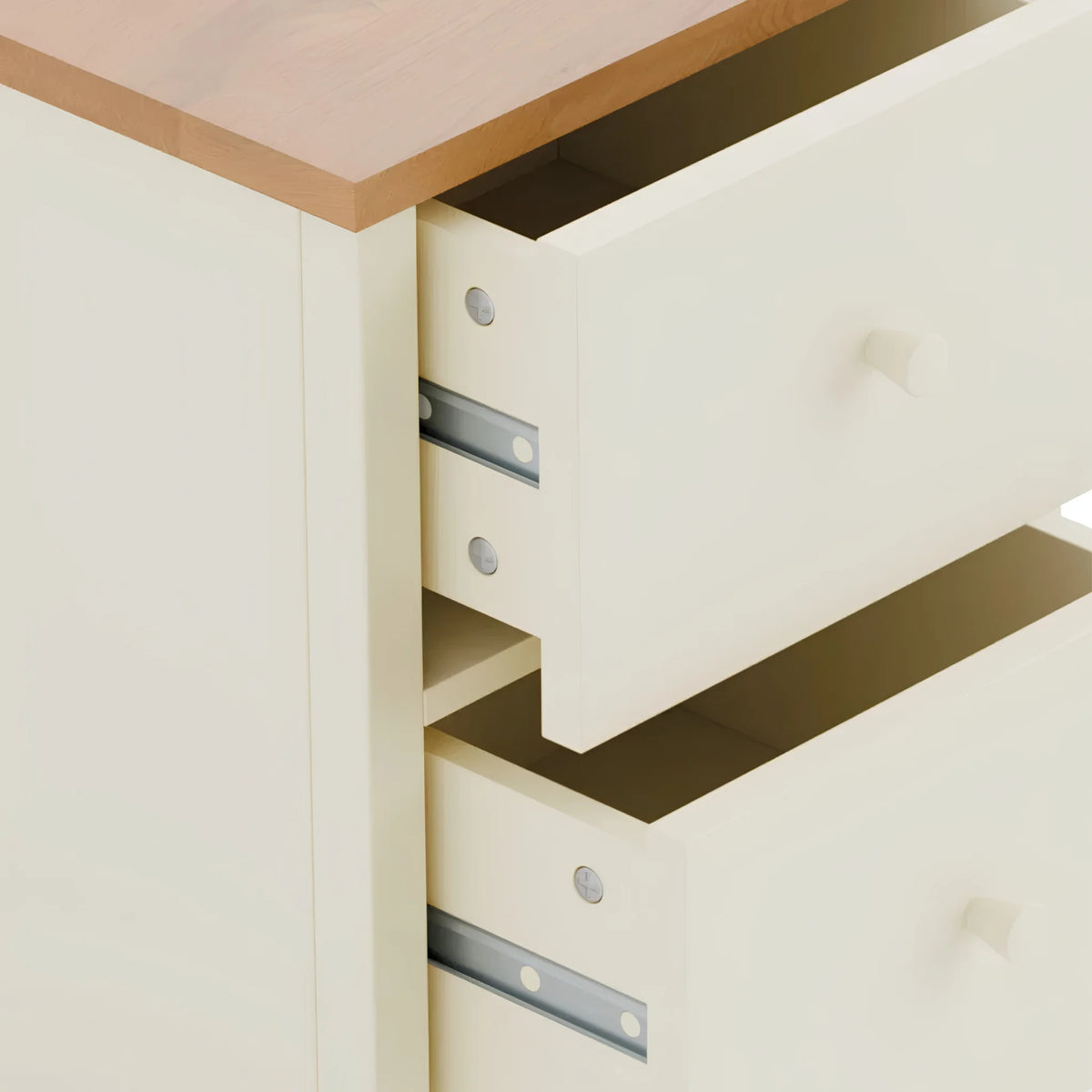 Coxmoor Ivory Wooden 2-Drawer Bedside Chest – top corner and open drawer view