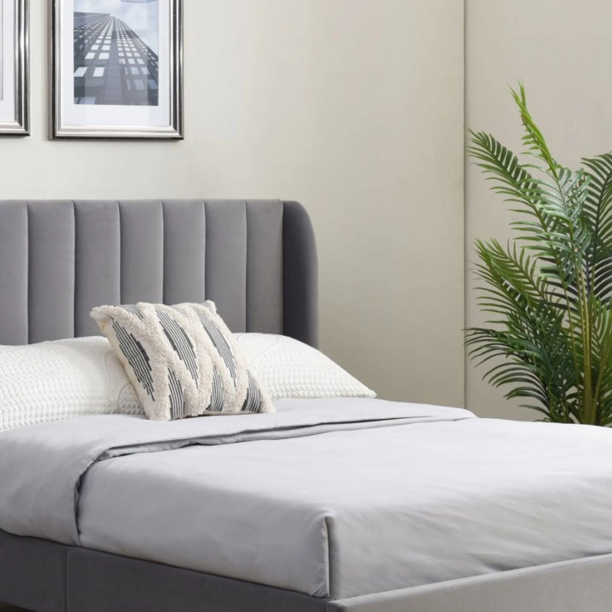 Avery Navy Velvet Bed – front angled view