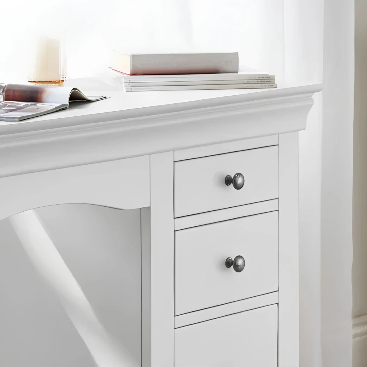 Clermont White Wooden 6-Drawer Dressing Table – drawer detail close-up