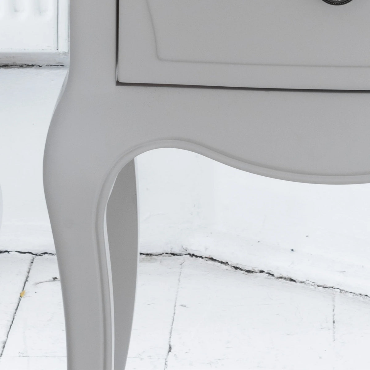 Amelie White Wooden 1-Drawer Bedside Table – leg and base detail close-up
