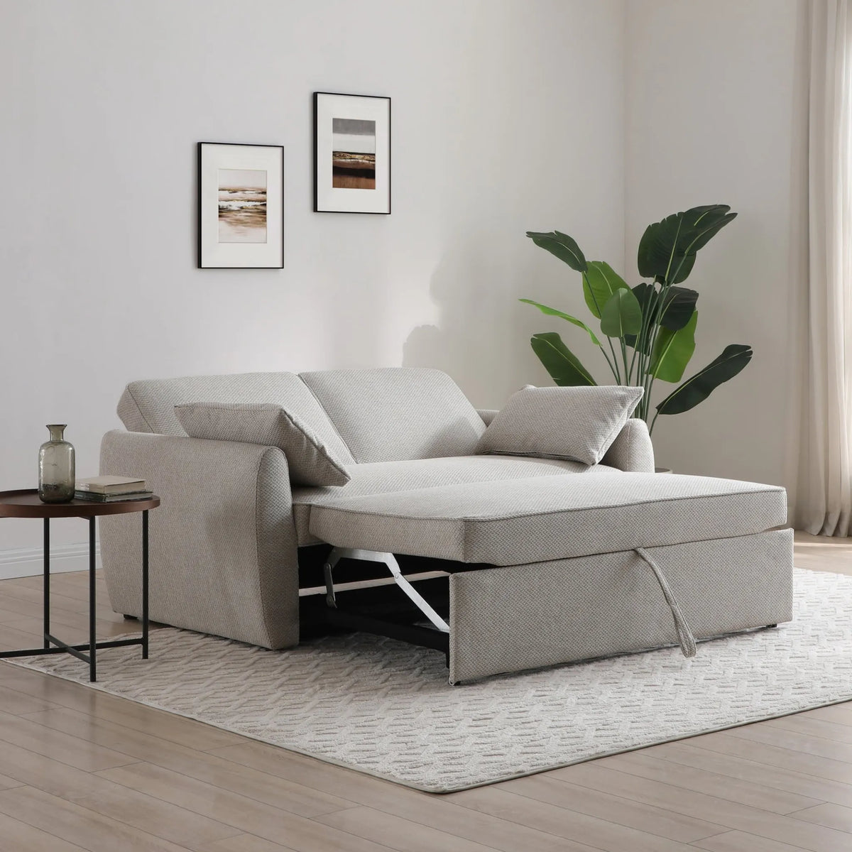 Clarke Oatmeal Sofa Bed – partially extended view showing pull-out mechanism