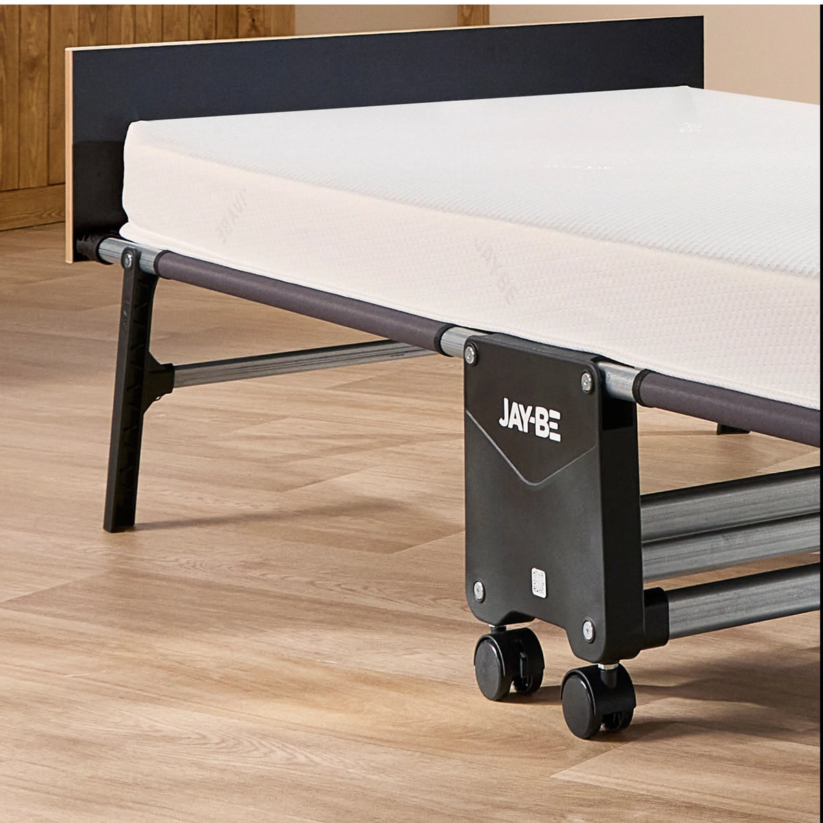 Rollaway Folding Bed with Memory Mattress – close-up of leg and caster detail