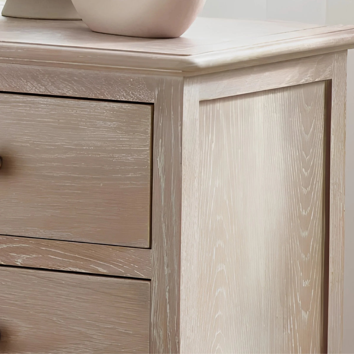 Camille Limed Oak 2-Drawer Bedside Chest – top and side panel detail close-up