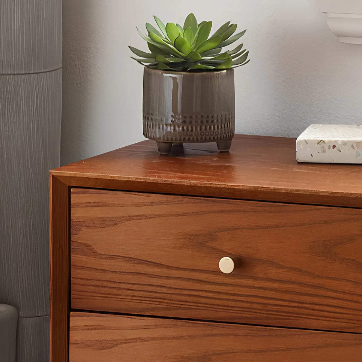 Lowry Cherry Ash 2-Drawer Bedside Table – top and drawer detail close-up