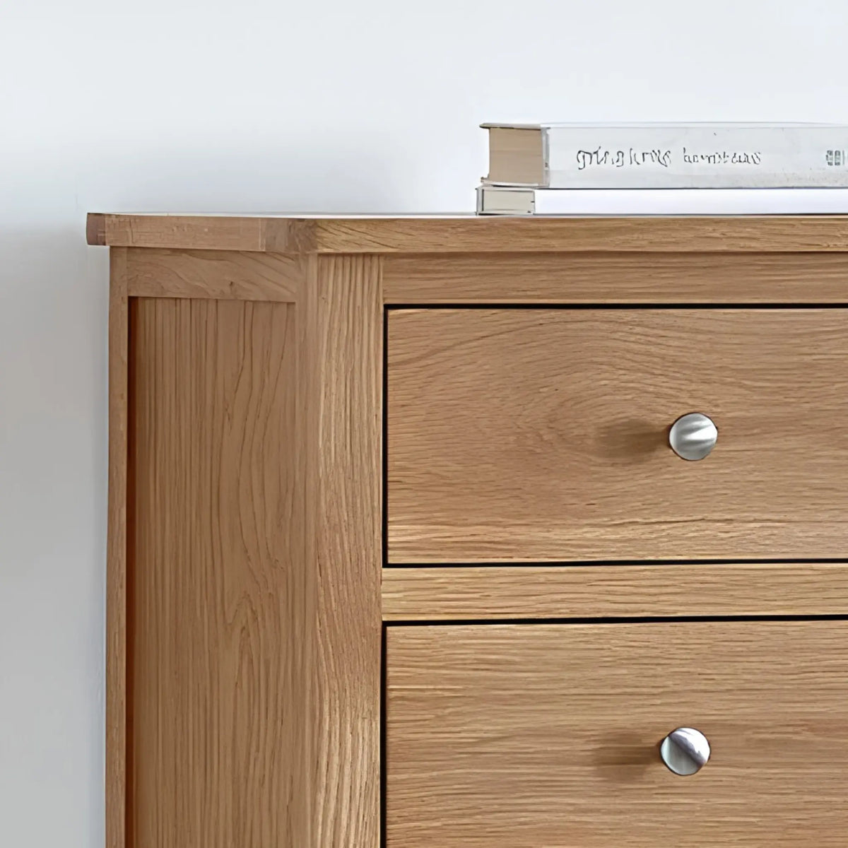 Mallory Oak 7-Drawer Chest – close-up of top drawer