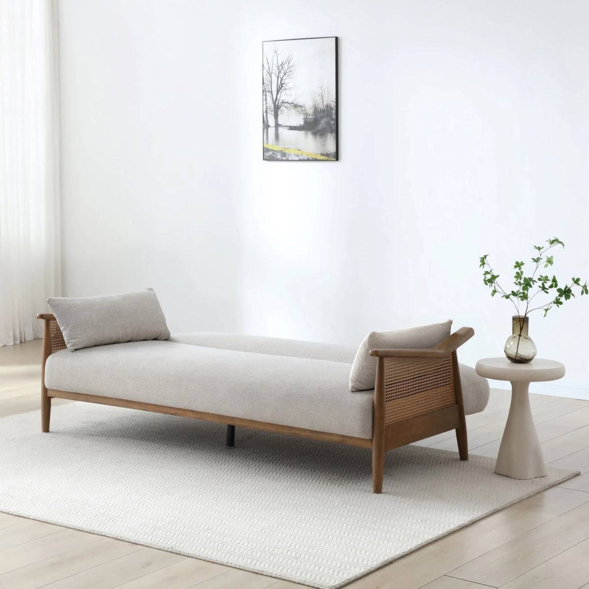 Zara Oatmeal Chenille Rattan Sofa Bed – extended sleeper configuration view