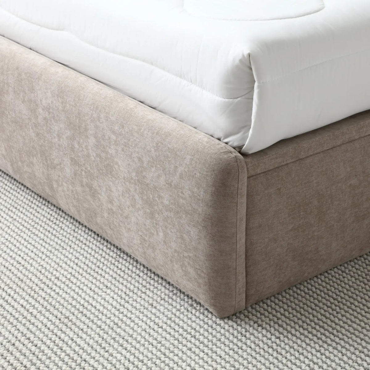 Asher Taupe Chenille Ottoman Bed – corner frame detail close-up