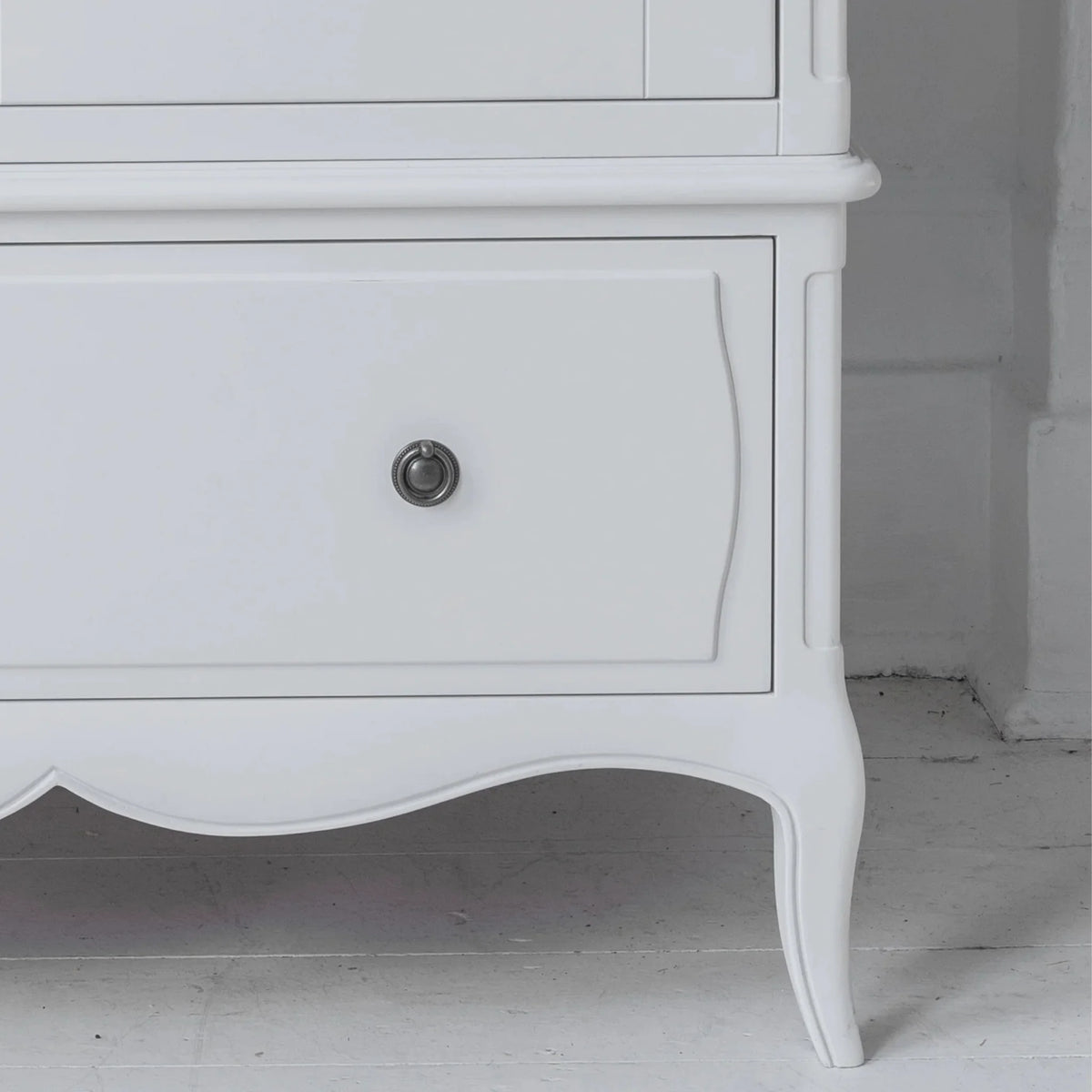 Amelie White Wooden 2-Door Combination Wardrobe – drawer and leg detail close-up