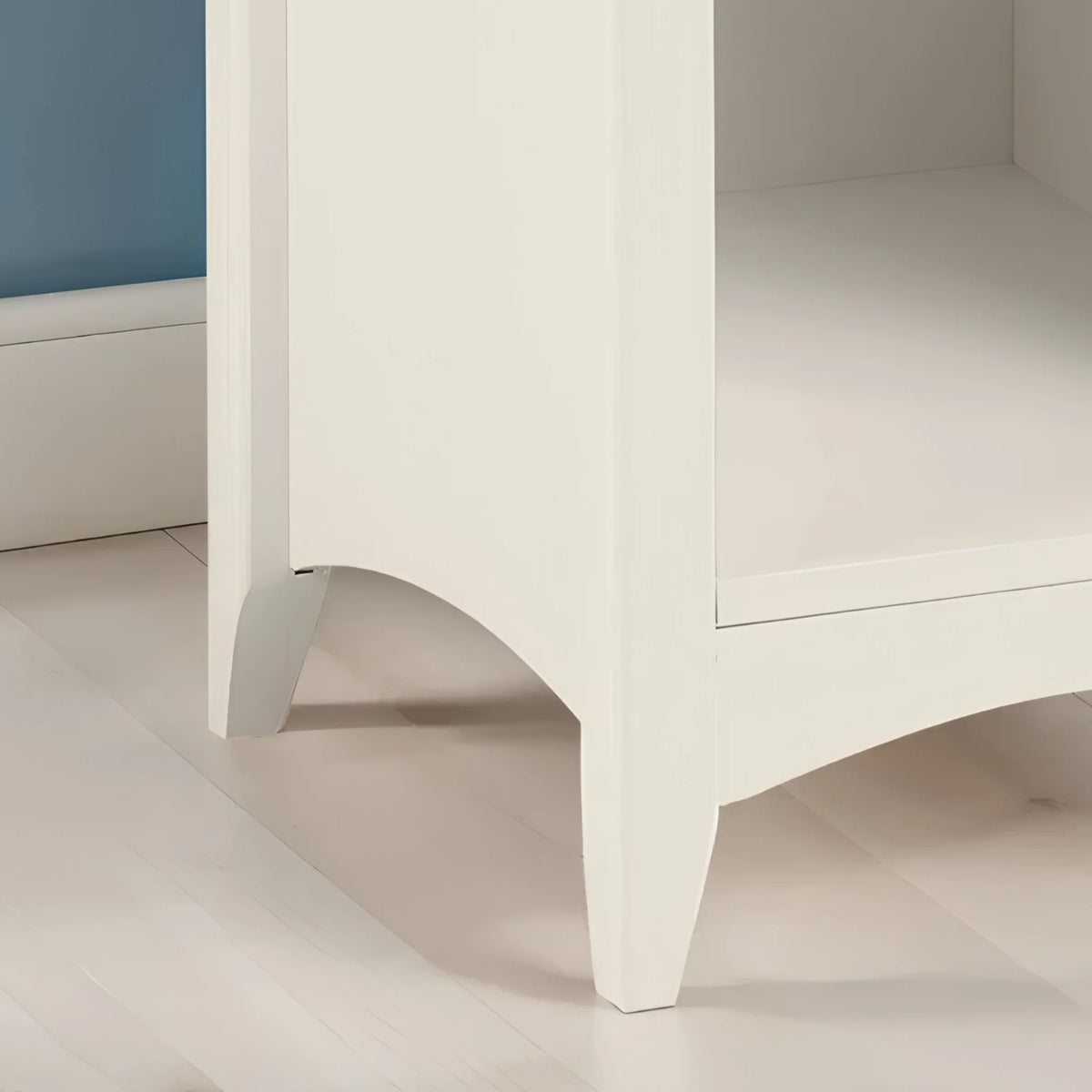 Cameo White 1-Drawer Bedside Table – leg and base detail close-up