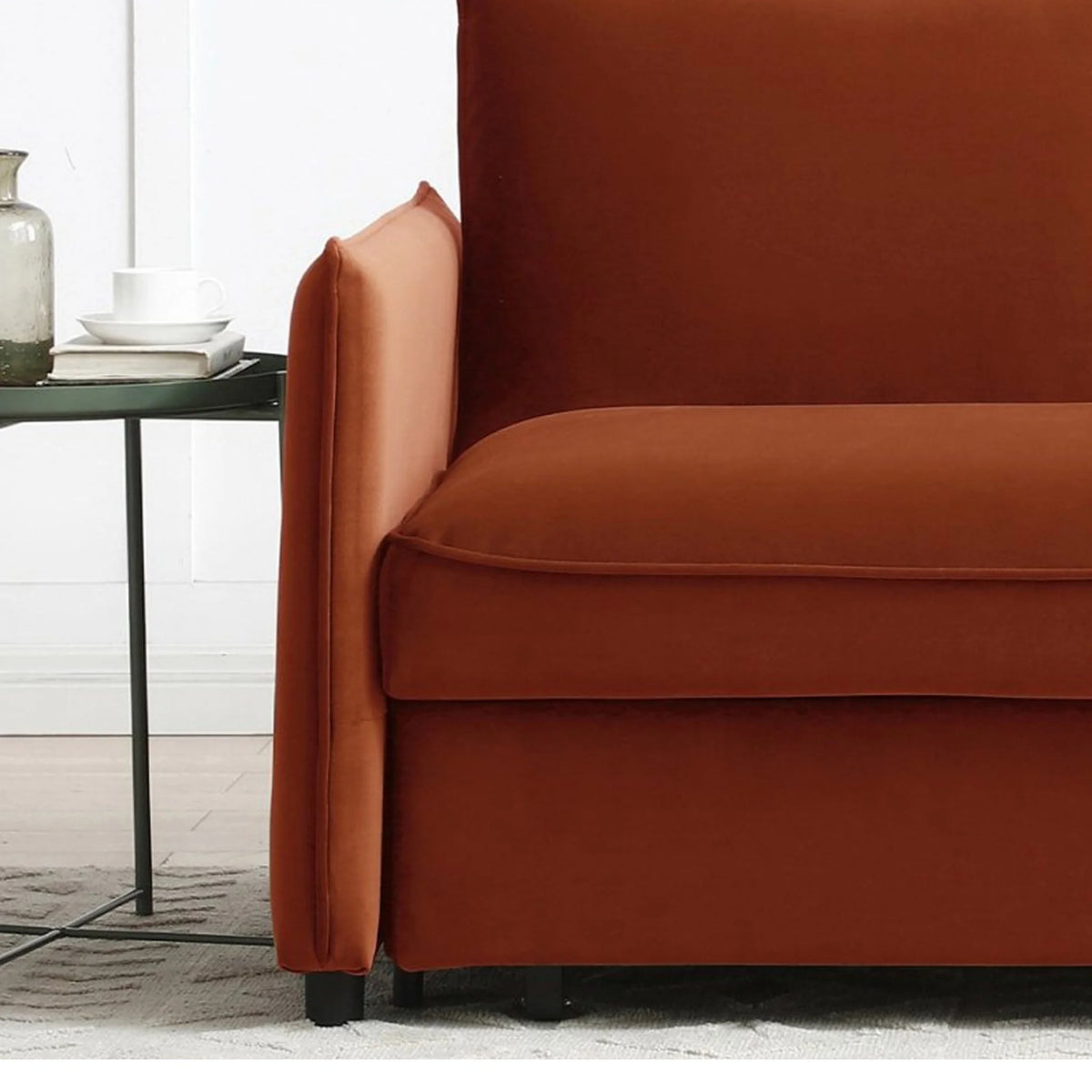 Blaire Orange Velvet Sofa Bed – side armrest detail close-up