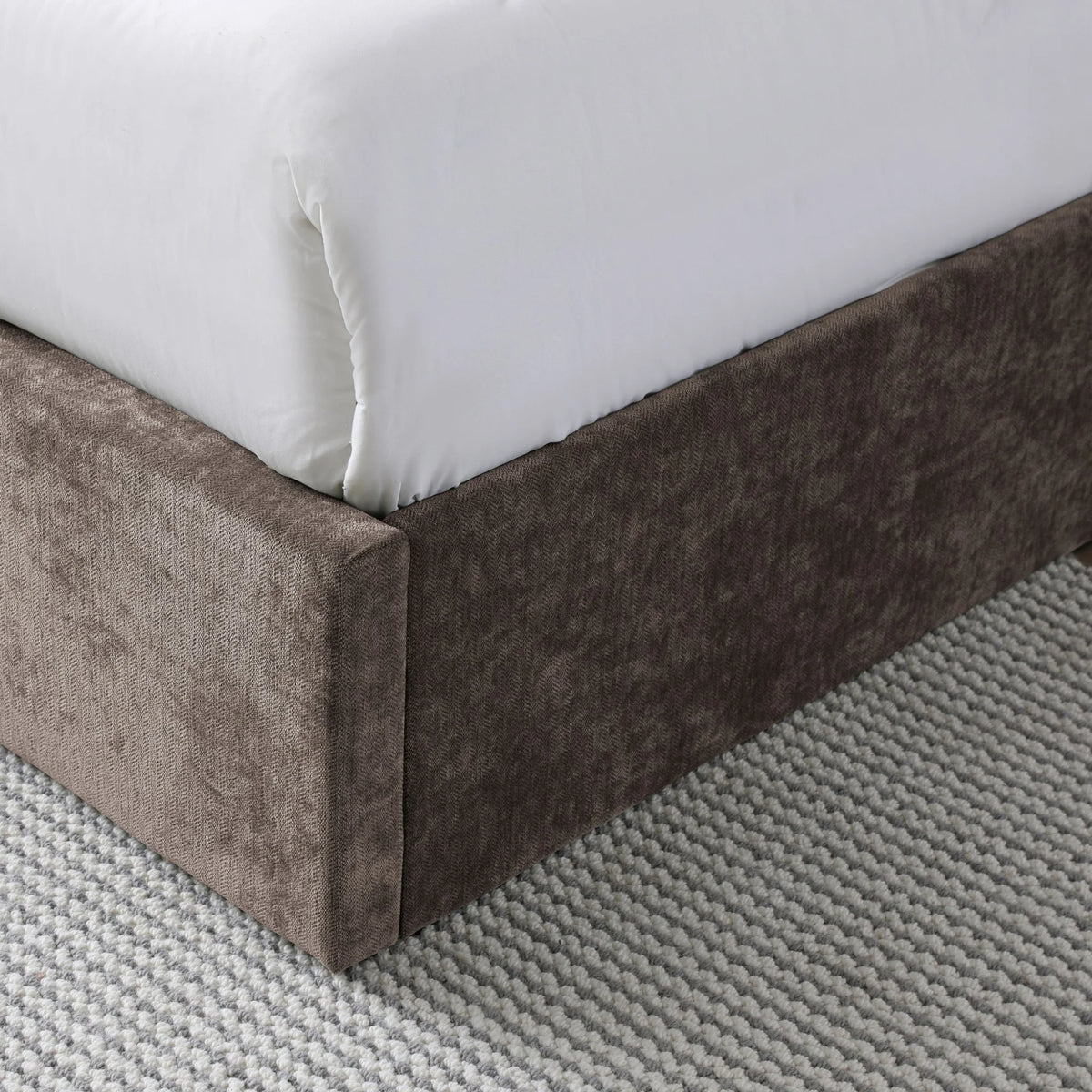 Denver Brown Upholstered Ottoman Bed – corner frame detail close-up