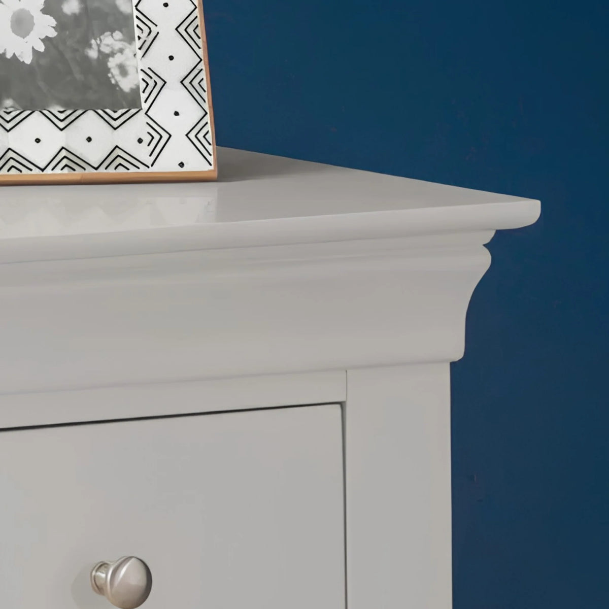Clermont Grey Wooden 2-Drawer Bedside Chest – top corner close-up showing cornice detail