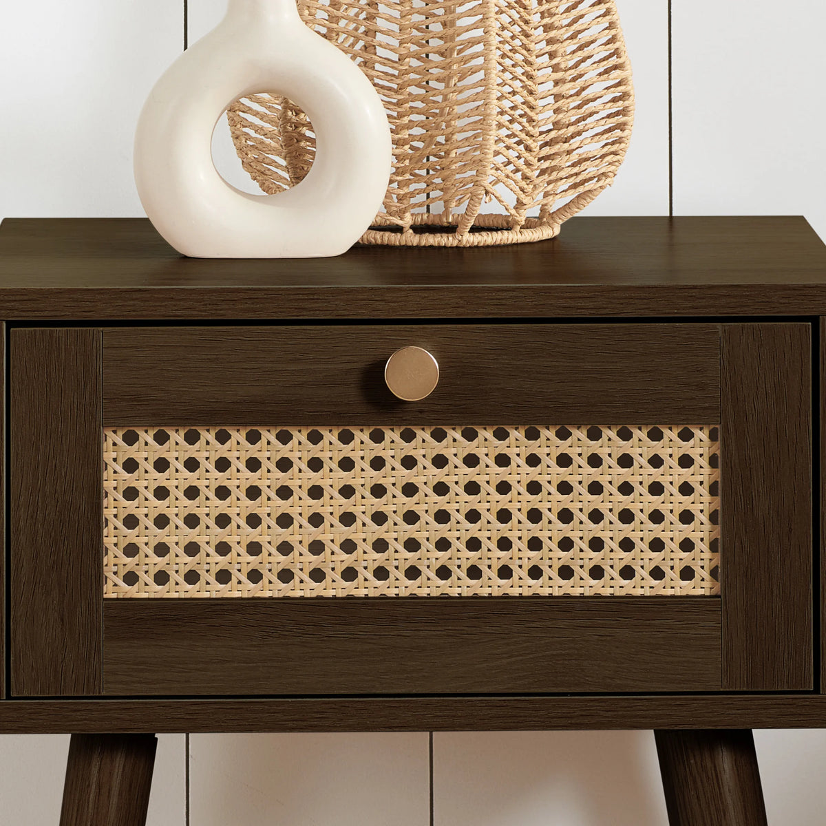 Croxley Walnut Rattan 1-Drawer Bedside Table – drawer detail close-up showing woven rattan
