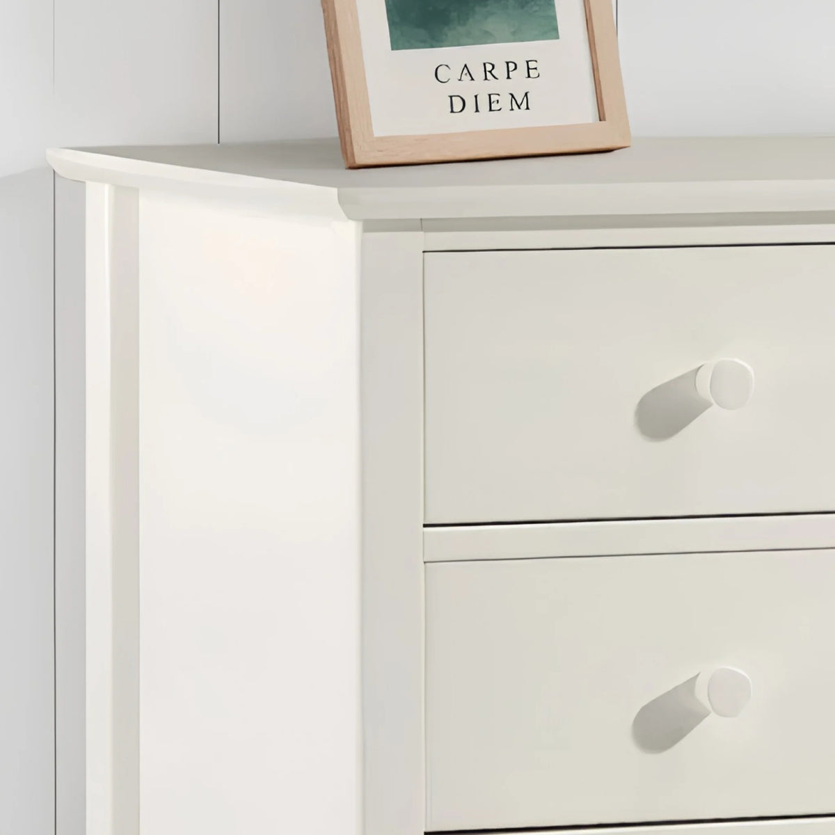 Cameo White 6-Drawer Chest – top corner detail close-up