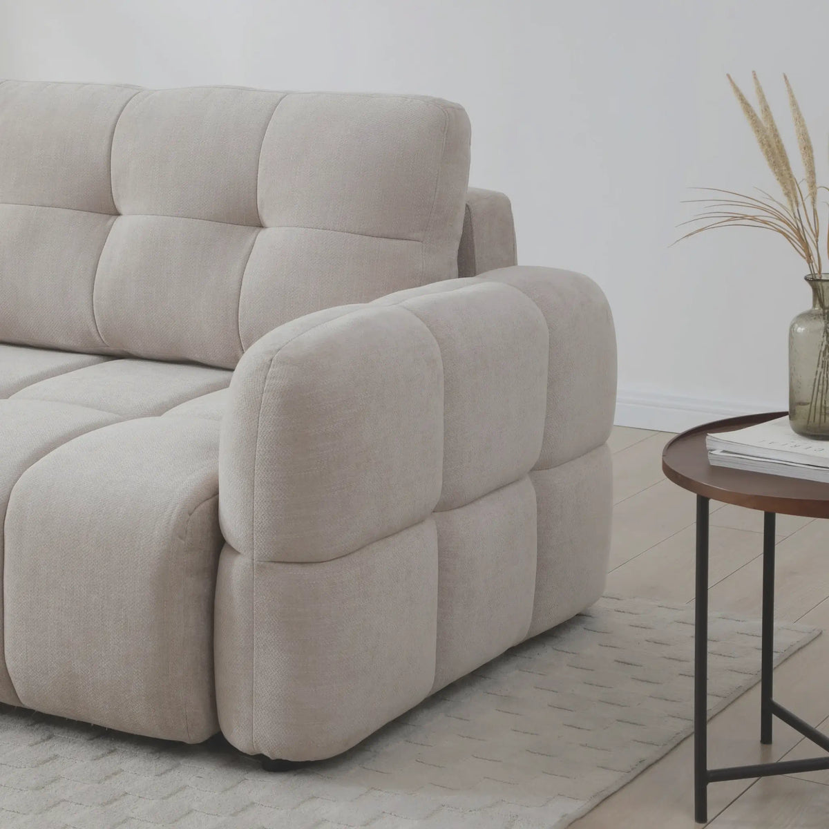 Morgan Taupe Corner Sofa Bed – armrest and side profile detail