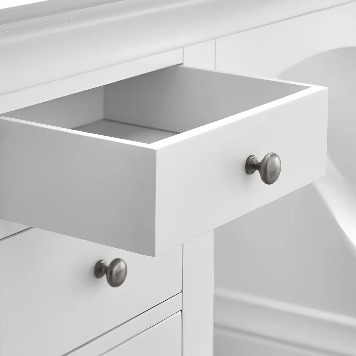 Clermont White Wooden 6-Drawer Dressing Table – open drawer detail close-up