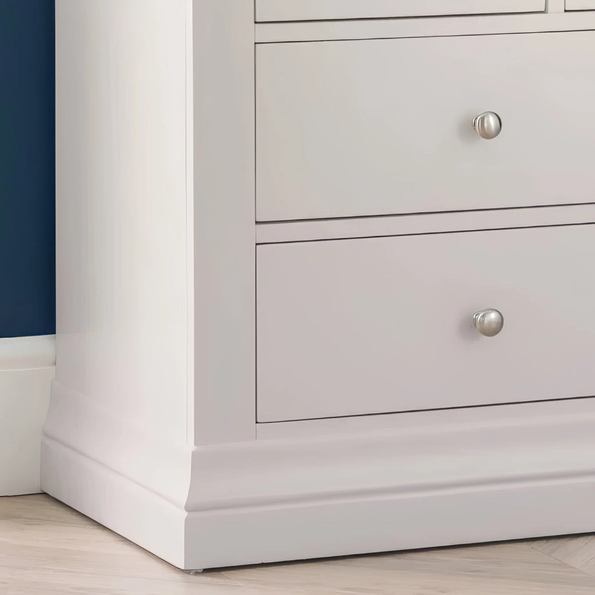 Clermont Grey Wooden 7-Drawer Chest – drawer and bottom corner detail close-up