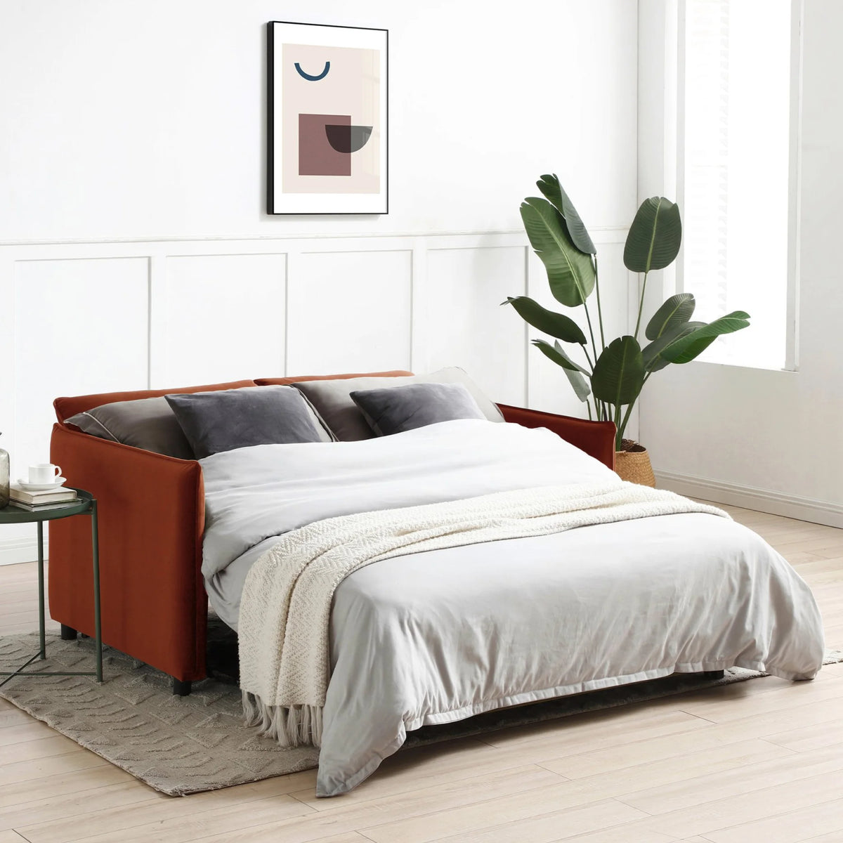 Blaire Orange Velvet Sofa Bed – extended sleeper configuration view