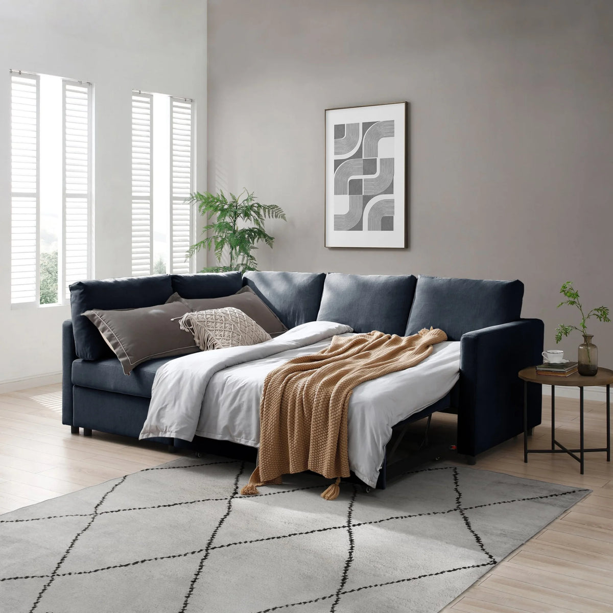 Clara Navy Corner Sofa Bed – extended view showcasing functional sleep configuration