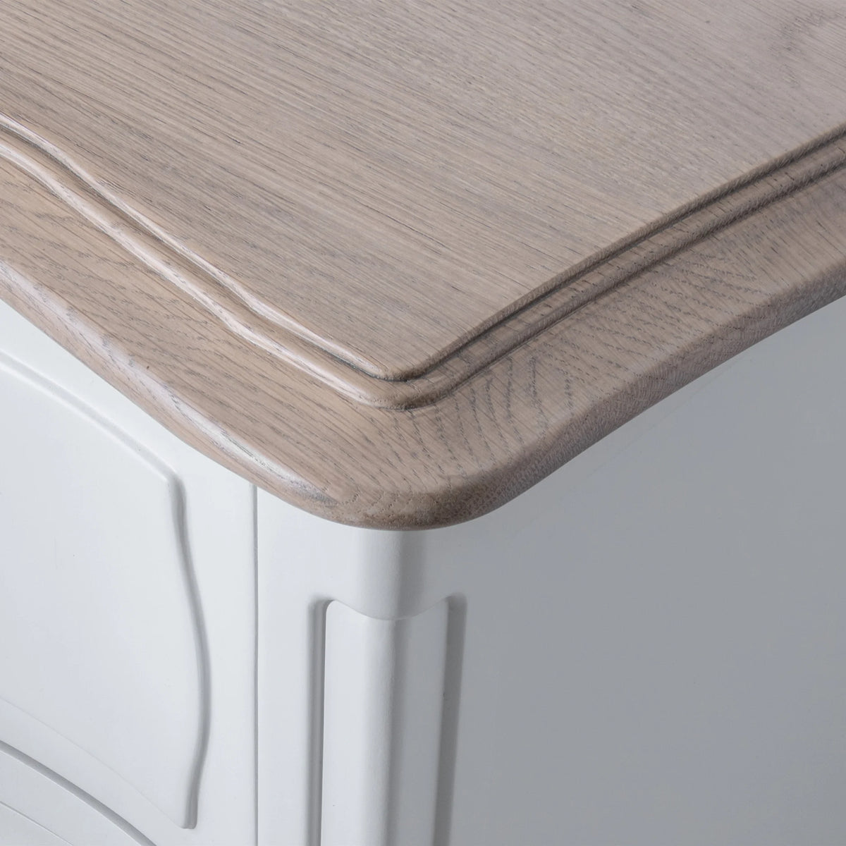 Amelie White Wooden 2-Drawer Bedside Chest – top corner close-up showing wooden top panel