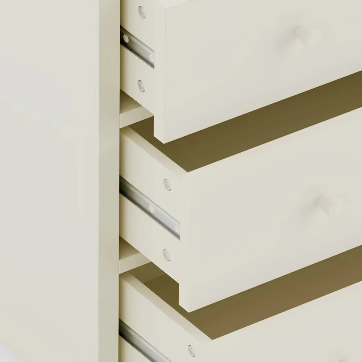 Coxmoor Ivory Wooden 3-Drawer Chest – Open Drawers Close up view