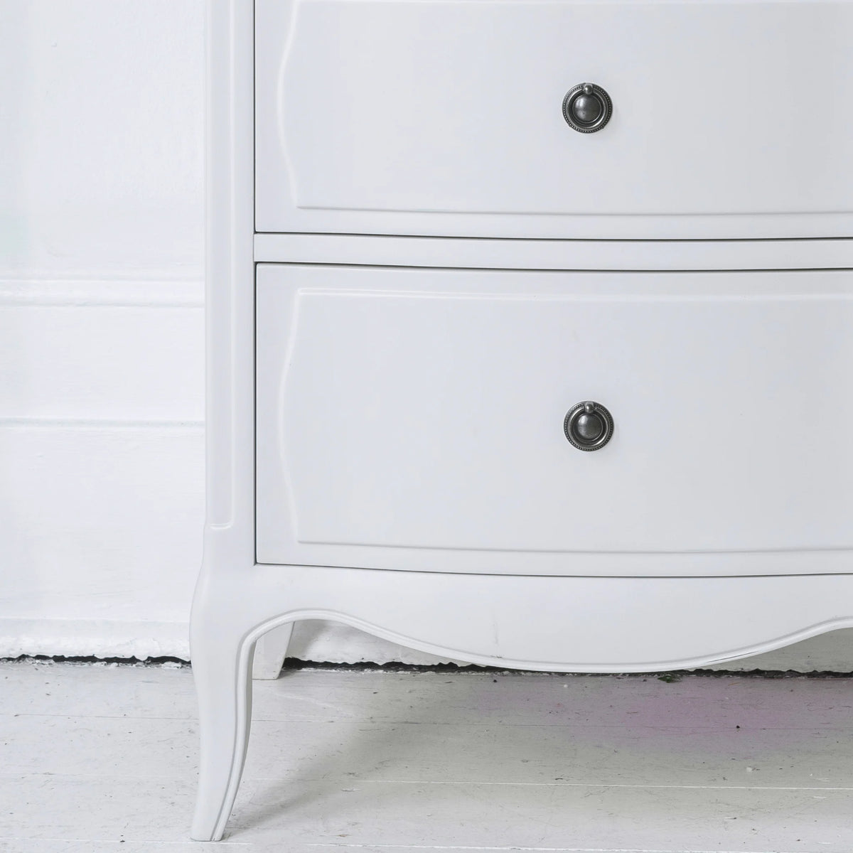 Amelie White Wooden 5-Drawer Tallboy– leg and drawer detail close-up