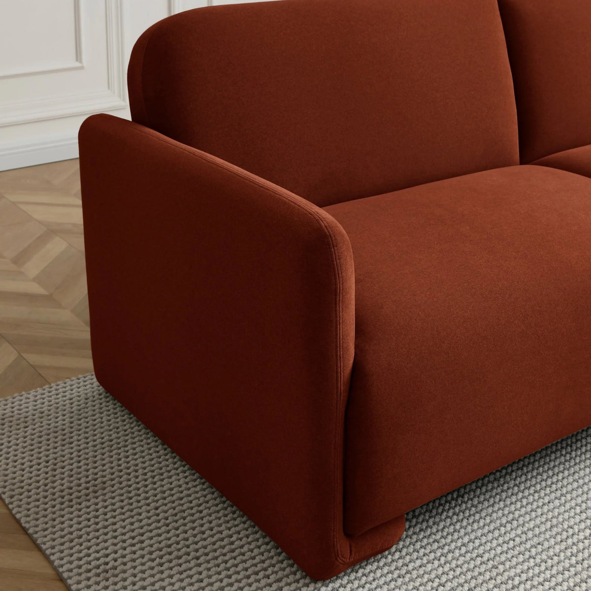 Murphy Orange Velvet Sofa Bed – armrest and upholstery detail