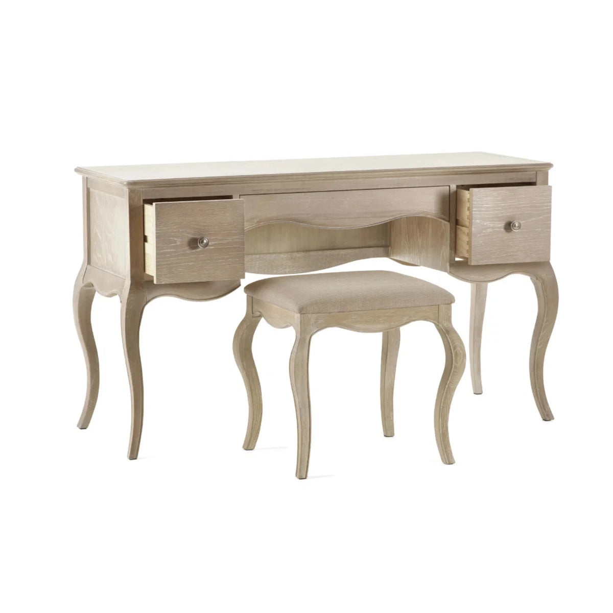 Camille Limed Oak 2-Drawer Dressing Table and Stool – studio isolated view