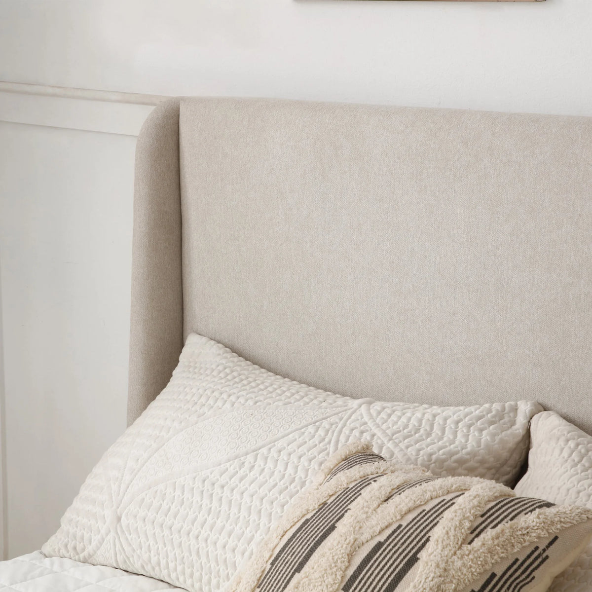 Denver Oatmeal Upholstered Ottoman Bed – close-up of upholstered headboard