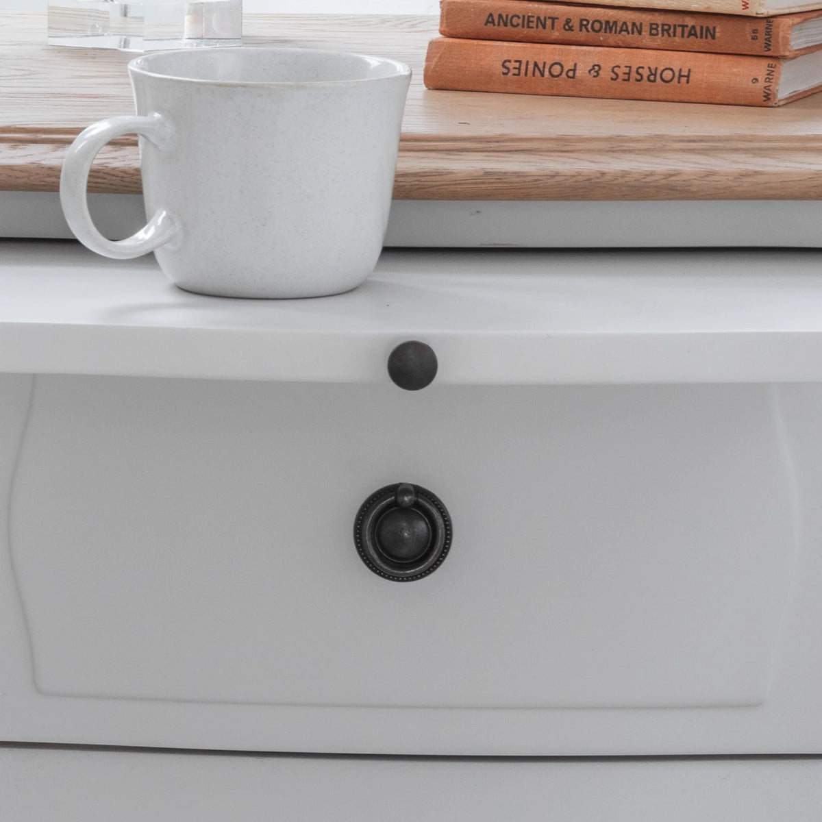 Amelie White Wooden 1-Drawer Bedside Table – drawer and handle detail close-up